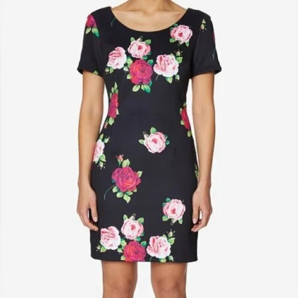 Betsey Johnson Short Sleeve Dress Black Floral Rose, Gold Zip Back